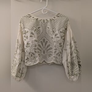 Anthropologie White and Green Embroidered Blouse